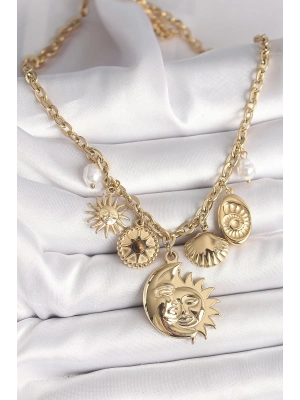 ® 316L Çelik Gold Renk Ay Güneş Figür Deniz Kabuğu Detay Kadın Kolye