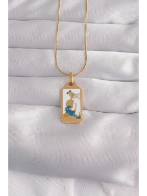® 316L Çelik Gold Renk Beyaz Mineli Kız Figür Tarot Kolye