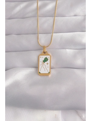 ® 316L Çelik Gold Renk Beyaz Mineli Tarot Kolye