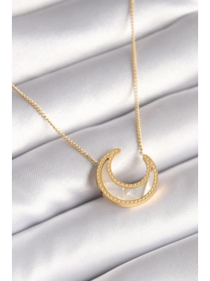 ® 316L Çelik Gold Renk Beyaz Sedefli Hilal Model Kadın Kolye