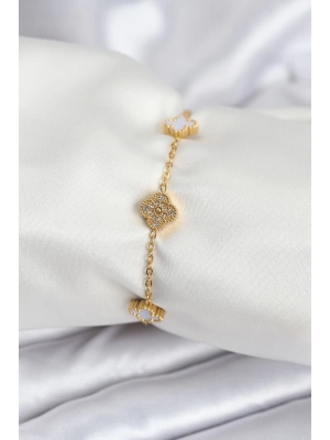 ® 316L Çelik Gold Renk Beyaz ve Zirkon Taşlı Baby Boy Yonca Kadın Bileklik