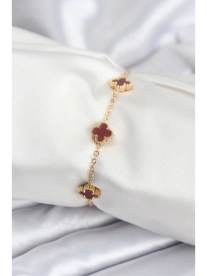 ® 316L Çelik Gold Renk Bordo Baby Boy Yonca Kadın Bileklik
