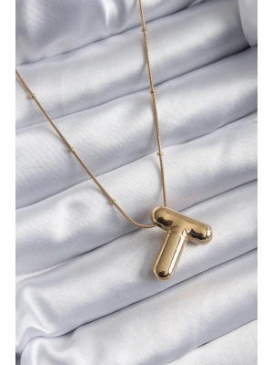 ® 316L Çelik Gold Renk Bubble T Harf Model Kadın Kolye