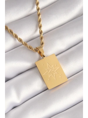 ® 316L Çelik Gold Renk Burgu Zincir Kutup Yıldızı İşleme Plaka Figür Kadın Kolye