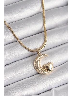 ® 316L Çelik Gold Renk Çelik İtalyan Zincir Zirkon Taşlı Halil Figür Kalp Detay Kadın Kolye
