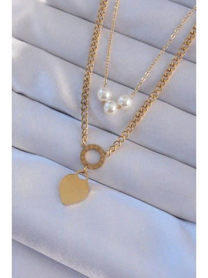 ® 316L Çelik Gold Renk Çift Zincir İnci Detayı Love Kalp Kolye