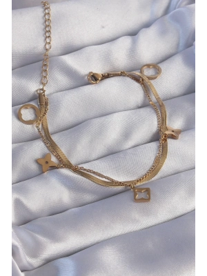 ® 316L Çelik Gold Renk Çift Zincir Yonca Tasarım Bileklik