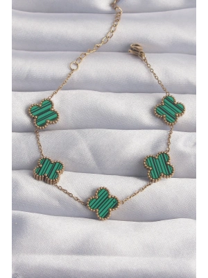 ® 316L Çelik Gold Renk Çizgili Yeşil Mineli Yonca Bileklik