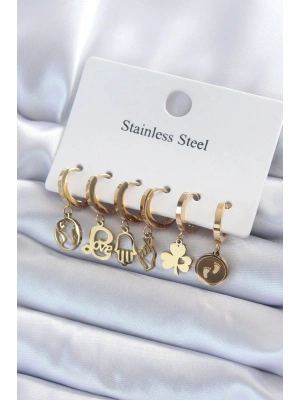 ® 316L Çelik Gold Renk Çoklu Figür Model Kadın Küpe Seti