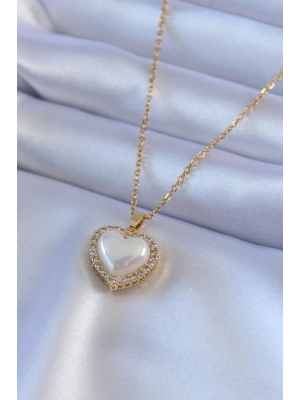 ® 316L Çelik Gold Renk İncili Kalp Model Zirkon Taşlı Kadın Kolye