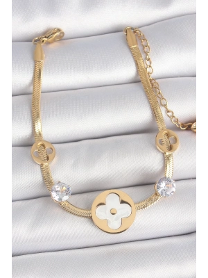 ® 316L Çelik Gold Renk İtalyan Zincir Beyaz Mineli Yonca Model Zirkon Taş Detaylı Kadın Bileklik