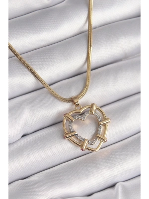 ® 316L Çelik Gold Renk İtalyan Zincir Mix Renk Zirkon Taşlı Kalp Model Kadın Kolye