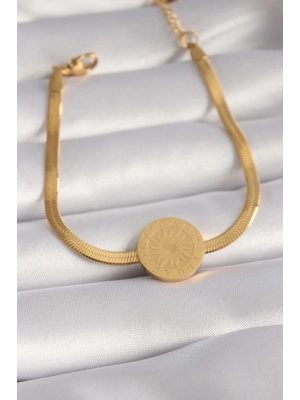 ® 316L Çelik Gold Renk İtalyan Zincir Model İşlemeli Madalyon Figür Kadın Bileklik