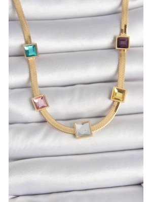 ® 316L Çelik Gold Renk İtalyan Zincir Model Kare Renkli Zirkon Taşlı Kadın Kolye