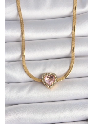 ® 316L Çelik Gold Renk İtalyan Zincir Pembe Zirkon Taşlı Kalp Model Kadın Kolye