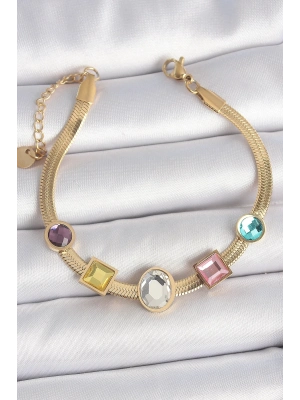 ® 316L Çelik Gold Renk İtalyan Zincir Renkli Zirkon Taşlı Kadın Bileklik