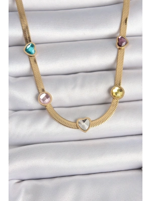® 316L Çelik Gold Renk İtalyan Zincir Renkli Zirkon Taşlı Kalp Figür Kadın Kolye
