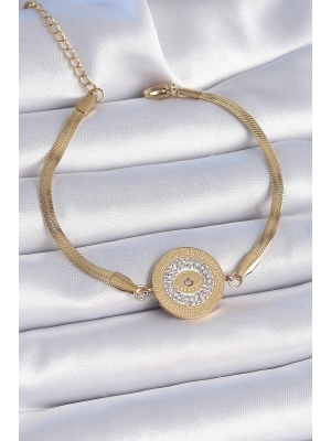 ® 316L Çelik Gold Renk İtalyan Zincir Zirkon Taşlı Göz İşlemeli Madalyon Model Kadın Bileklik