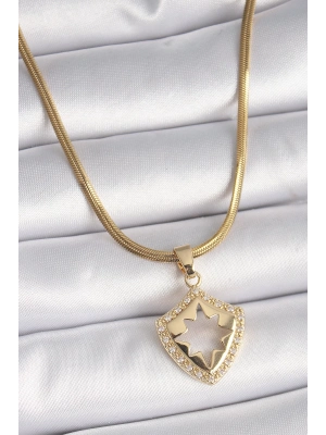 ® 316L Çelik Gold Renk İtalyan Zincir Zirkon Taşlı Kutup Yıldız İşleme Kadın Kolye