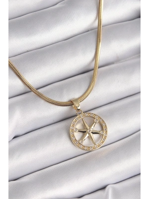 ® 316L Çelik Gold Renk İtalyan Zincir Zirkon Taşlı Kutup Yıldız Model Kadın Kolye