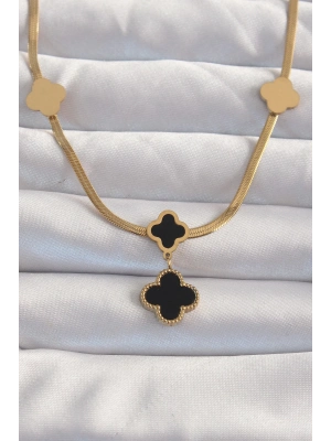 ® 316L Çelik Gold Renk İtalyan Zincirli Mineli Yonca Kolye
