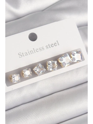 ® 316L Çelik Gold Renk Kare Zirkon Taş Model Kadın Küpe Seti