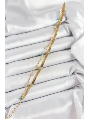 ® 316L Çelik Gold Renk Karışık Renkli Kristal Taşlı 2li Kadın Bileklik