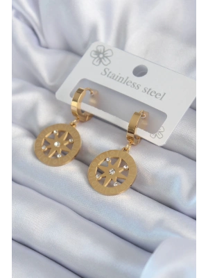 ® 316L Çelik Gold Renk Kutup Yıldızı Model İşleme Detay Zirkon Taşlı Kadın Küpe