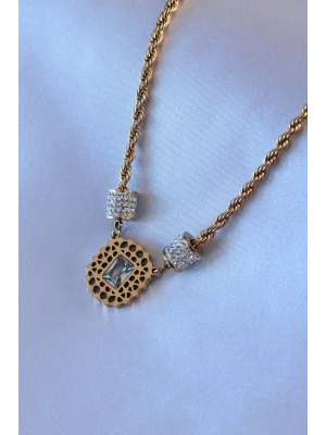 ® 316L Çelik Gold Renk Lotus Model Zirkon Taşlı Burgu Zincir Kadın Kolye