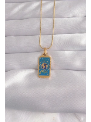 ® 316L Çelik Gold Renk Mavi Mineli El Figür Tarot Kolye