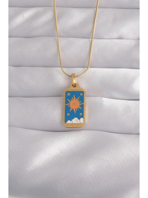 ® 316L Çelik Gold Renk Mavi Mineli Güneş Model Tarot Kolye