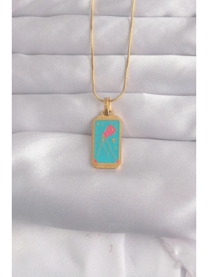 ® 316L Çelik Gold Renk Mavi Mineli Tarot Kolye