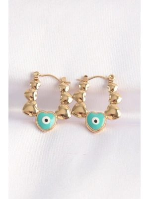 ® 316L Çelik Gold Renk Mavi Nazarlı Kalpli Model Küpe