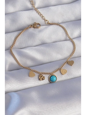 ® 316L Çelik Gold Renk Minimal Kalpli Mavi Taş Detaylı Bileklik
