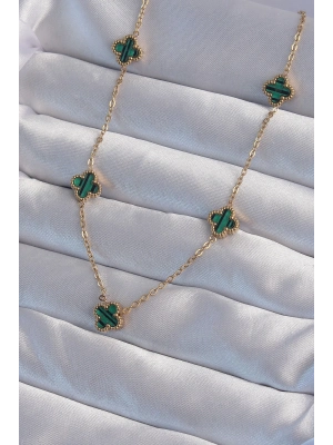 ® 316L Çelik Gold Renk Minimal Yeşil Mineli Yonca Kolye