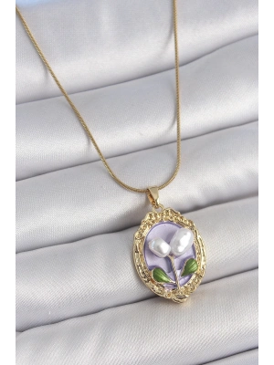 ® 316L Çelik Gold Renk Mor İncili Çiçek İşlemeli Portre Model Kadın Kolye