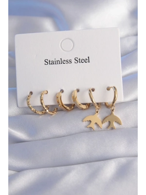 ® 316L Çelik Gold Renk Oval Tasarım Kuş Model Küpe Seti