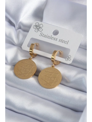 ® 316L Çelik Gold Renk Pentagram İşleme Model Kadın Küpe