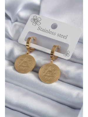 ® 316L Çelik Gold Renk Pentagram İşleme Model Kadın Küpe