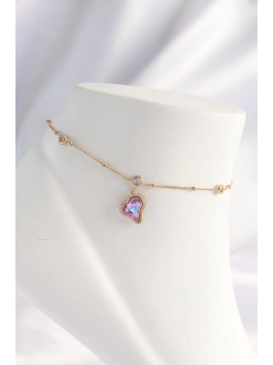 ® 316L Çelik Gold Renk Renkli Zirkon Taşlı Kalp Halhal