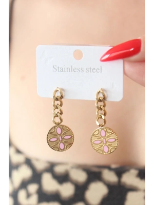 ® 316L Çelik Gold Renk Sallantı Çiçek Model İşleme Detay Kadın Küpe