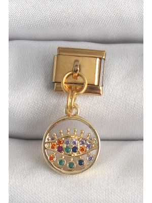 ® 316L Çelik Gold Renk Sallantı Renkli Zirkon Taşlı Göz Model Nomination Charm