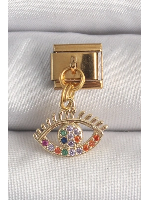 ® 316L Çelik Gold Renk Sallantı Renkli Zirkon Taşlı Göz Model Nomination Charm