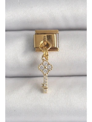® 316L Çelik Gold Renk Sallantı Zirkon Taşlı Anahtar Model Nomination Charm