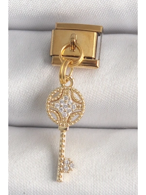 ® 316L Çelik Gold Renk Sallantı Zirkon Taşlı Anahtar Model Nomination Charm