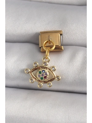 ® 316L Çelik Gold Renk Sallantı Zirkon Taşlı Göz Model Nomination Charm