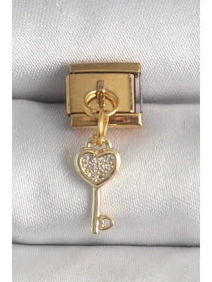 ® 316L Çelik Gold Renk Sallantı Zirkon Taşlı Kalpli Anahtar Model Nomination Charm