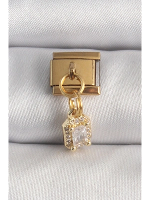 ® 316L Çelik Gold Renk Sallantı Zirkon Taşlı Kare Model Nomination Charm