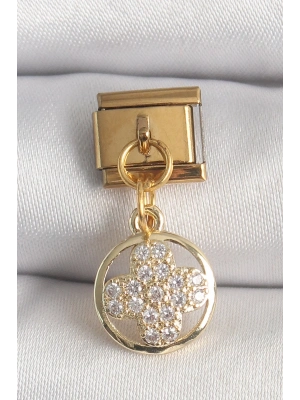 ® 316L Çelik Gold Renk Sallantı Zirkon Taşlı Yonca Model Nomination Charm