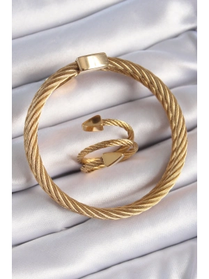 ® 316L Çelik Gold Renk Sarmal Model Erkek Bileklik Yüzük Kombini